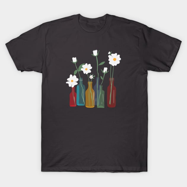 White Tiny Beautiful Flowers, White Flowers In Colorful Vases T-Shirt by MINAART